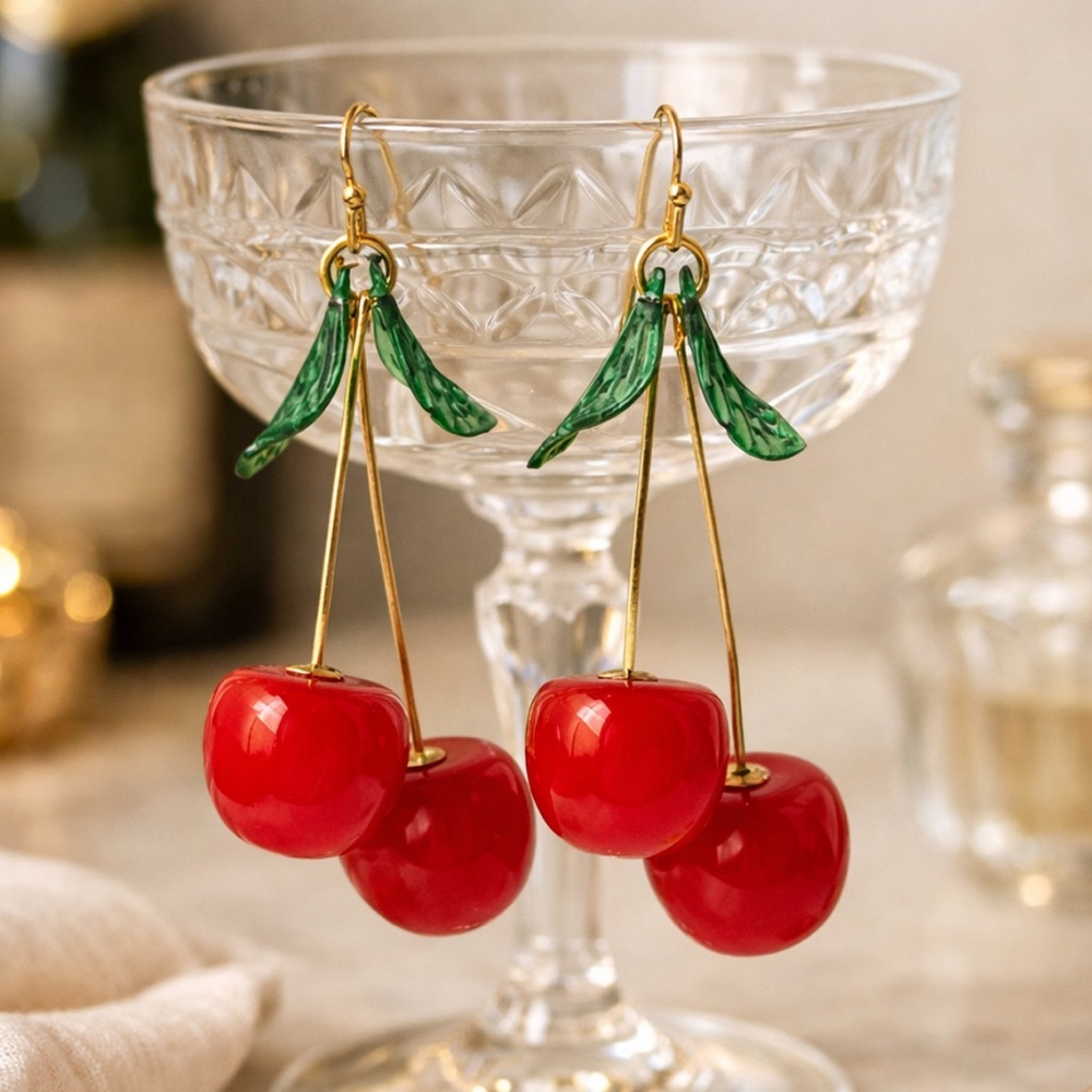 New Cherry Dangle Earrings Red Fruit Statement Jewelry Retro Style - Picture 4 of 6